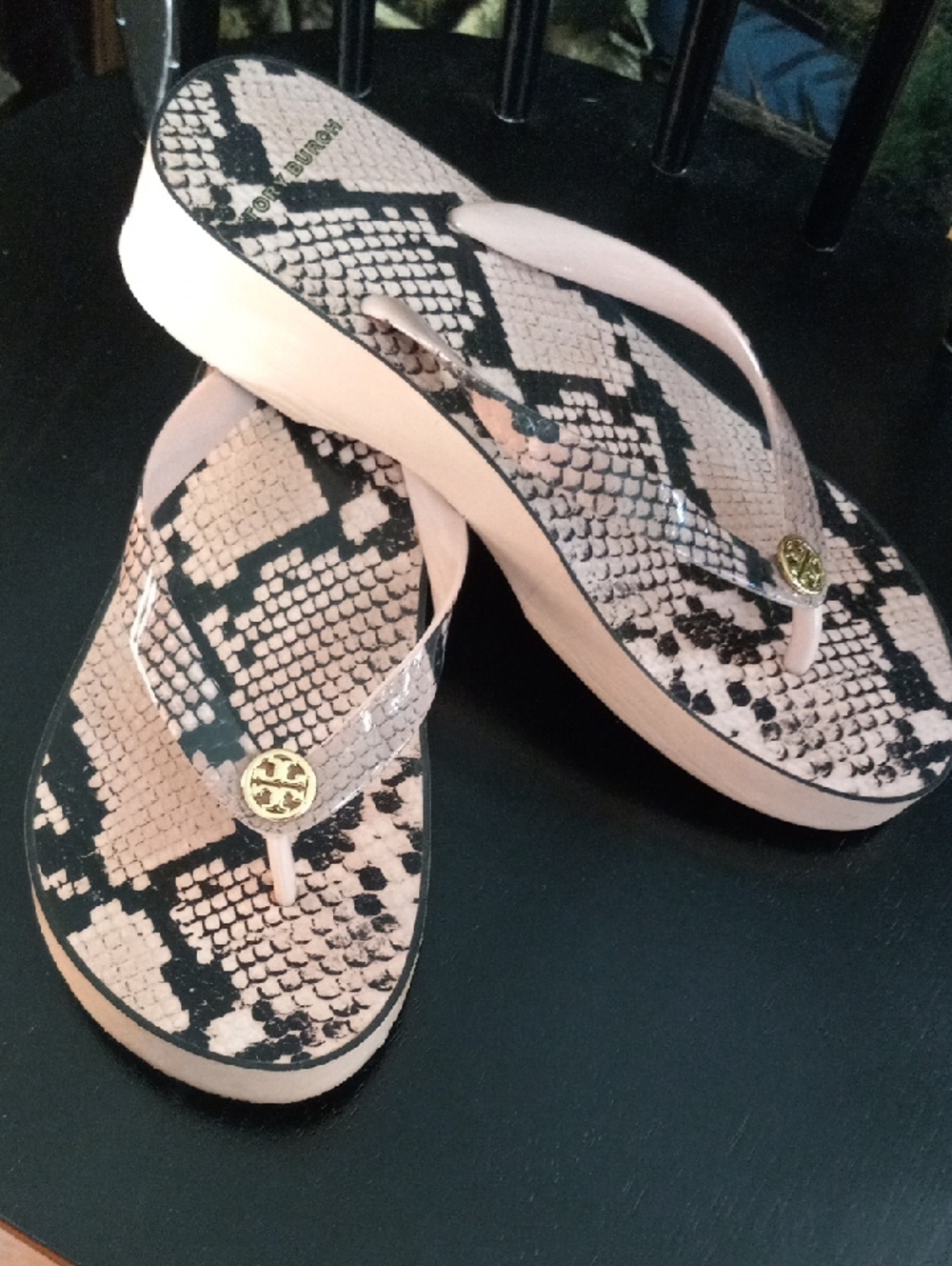 Tory Burch Pink Snake-Print Logo Flip Sandals